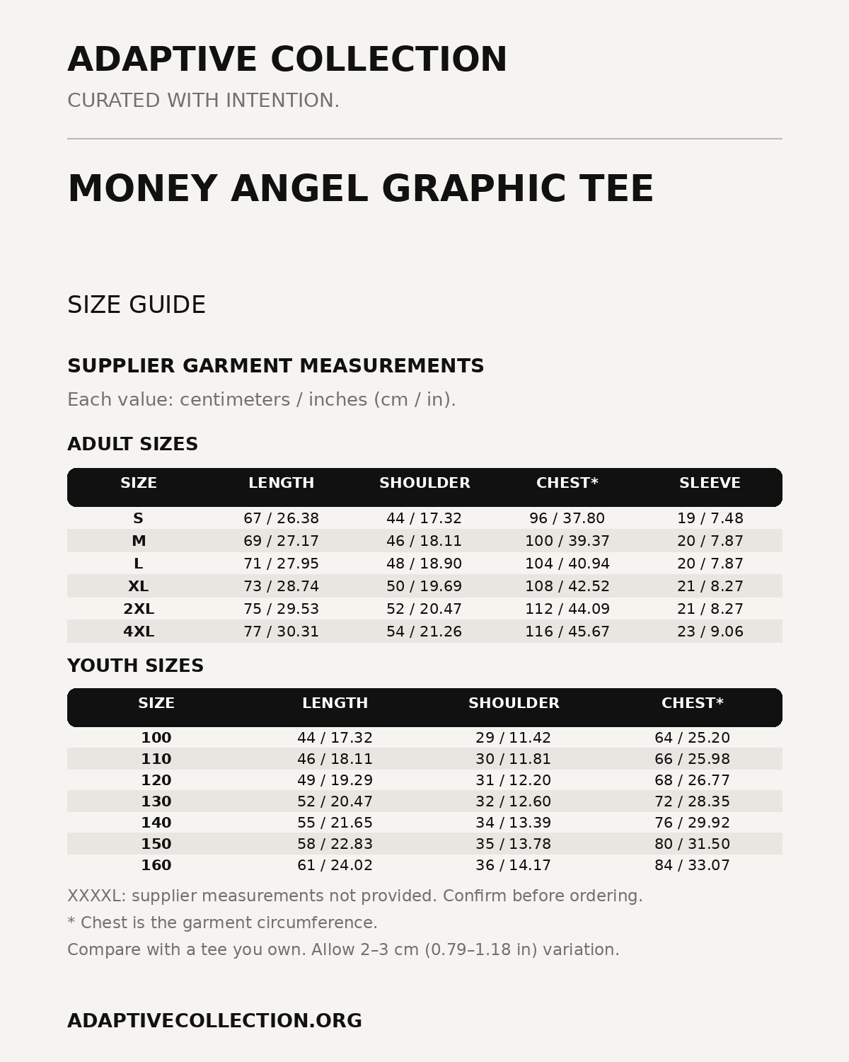 Money Angel Graphic Tee — supplier size guide in centimeters and inches — shared across color variants
