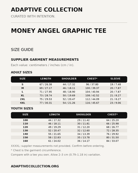 Money Angel Graphic Tee — supplier size guide in centimeters and inches — shared across color variants