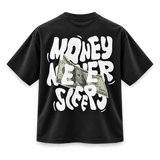 Black Money Never Sleeps Graphic Tee back view on transparent background