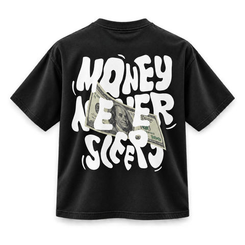 Black Money Never Sleeps Graphic Tee back view on transparent background