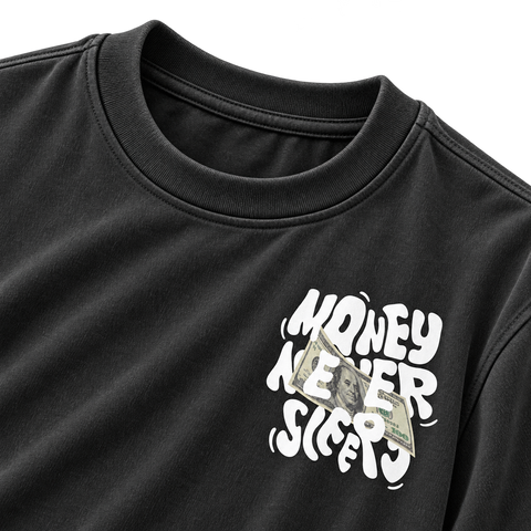 Black Money Never Sleeps Graphic Tee front graphic and collar detail