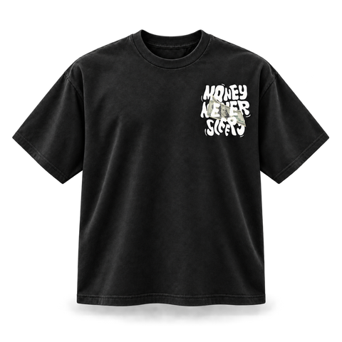 Black Money Never Sleeps Graphic Tee front view on transparent background