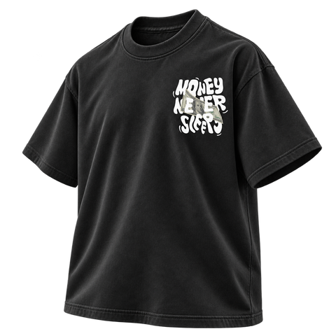Black Money Never Sleeps Graphic Tee three-quarter front view on transparent background