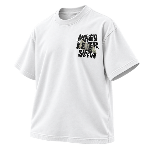 White Money Never Sleeps Graphic Tee angled front view