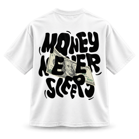 White Money Never Sleeps Graphic Tee back view with dimensional folds on transparent background