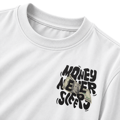 White Money Never Sleeps Graphic Tee front graphic and collar detail