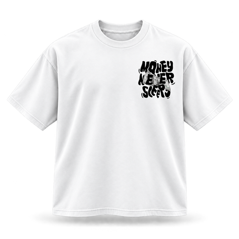 White Money Never Sleeps Graphic Tee front view with dimensional folds on transparent background