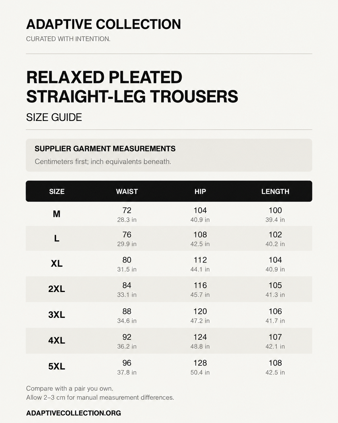 Relaxed Pleated Straight-Leg Trousers — size guide in centimeters and inches — shared across color variants