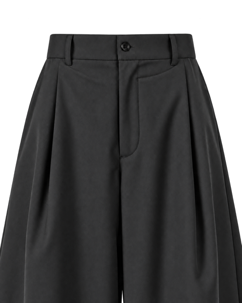 Relaxed Pleated Straight-Leg Trousers Black — waist closeup