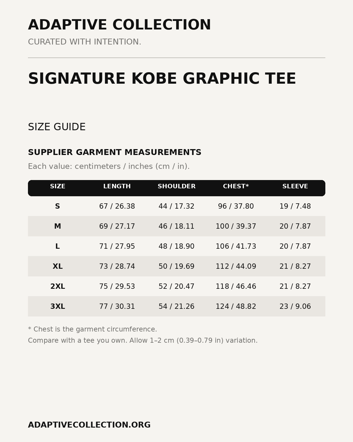Signature Kobe Graphic Tee — supplier size guide in centimeters and inches — shared across color variants
