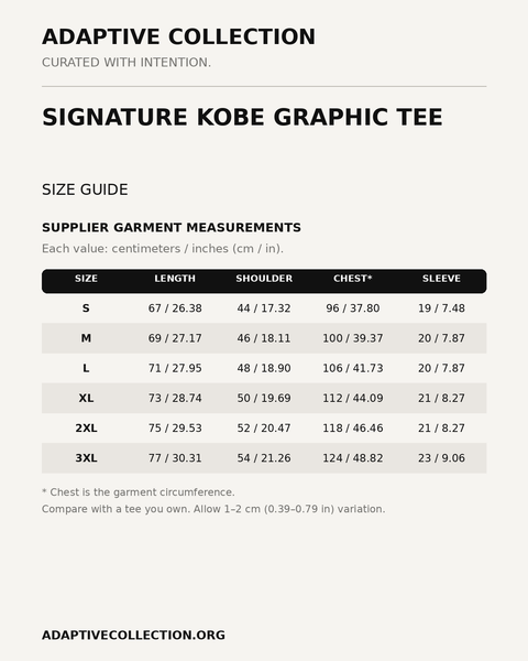 Signature Kobe Graphic Tee — supplier size guide in centimeters and inches — shared across color variants