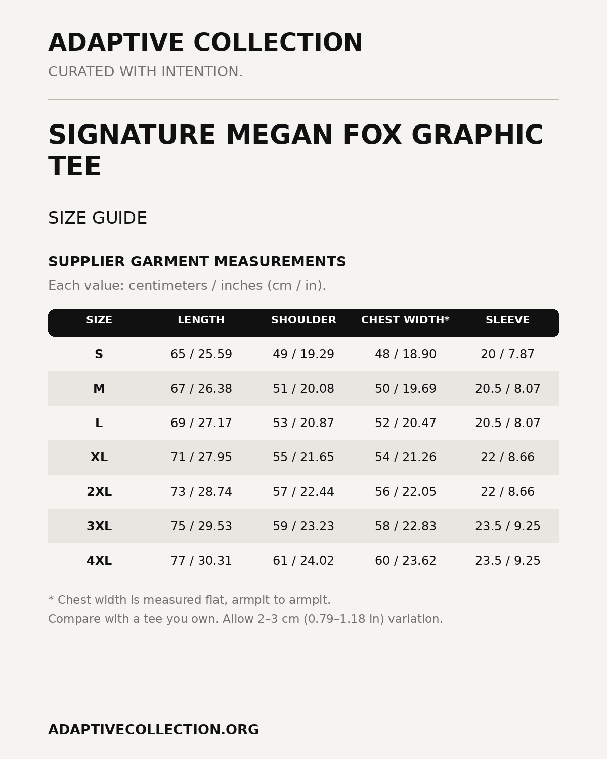 Signature Megan Fox Graphic Tee — supplier size guide in centimeters and inches — shared across color variants