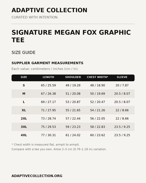 Signature Megan Fox Graphic Tee — supplier size guide in centimeters and inches — shared across color variants