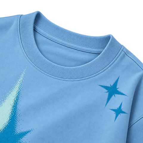 Starburst Graphic Tee — Blue — collar and print detail
