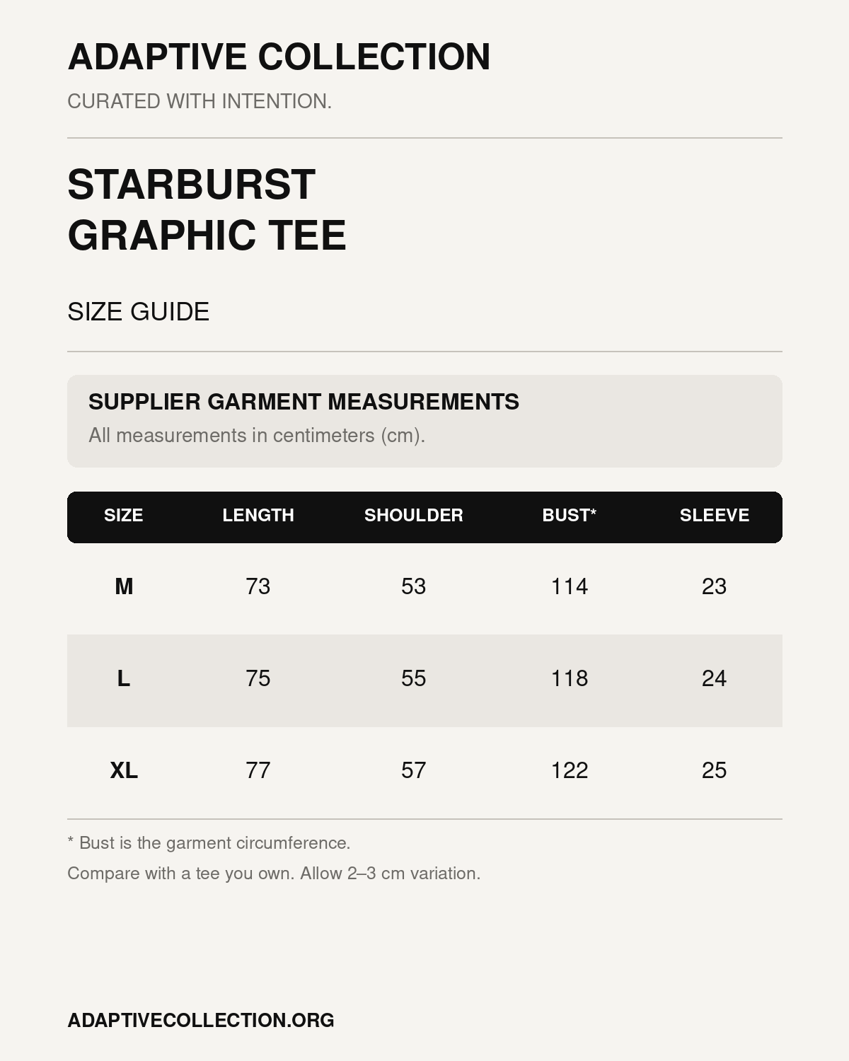 Starburst Graphic Tee size guide — supplier garment measurements in centimeters — shared across all color variants