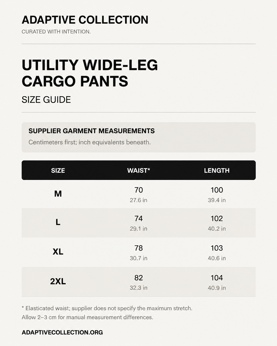 Utility Wide-Leg Cargo Pants — size guide in centimeters and inches — shared across color variants