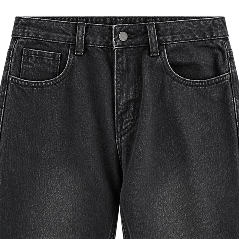 Vintage Wash Straight-Leg Jeans Black — waist closeup
