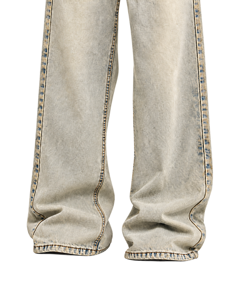 Vintage Wash Straight-Leg Jeans Yellow Mud Colors — hem close-up