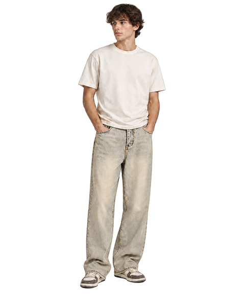 Vintage Wash Straight-Leg Jeans Yellow Mud Colors — model wearing