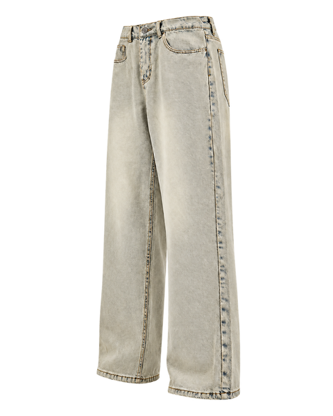 Vintage Wash Straight-Leg Jeans Yellow Mud Colors — three-quarter side view