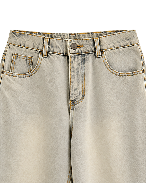 Vintage Wash Straight-Leg Jeans Yellow Mud Colors — waist close-up