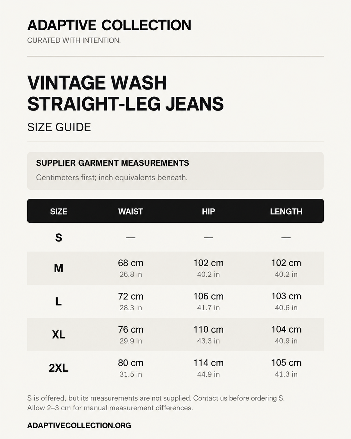 Vintage Wash Straight-Leg Jeans — size guide in centimeters and inches — shared across color variants