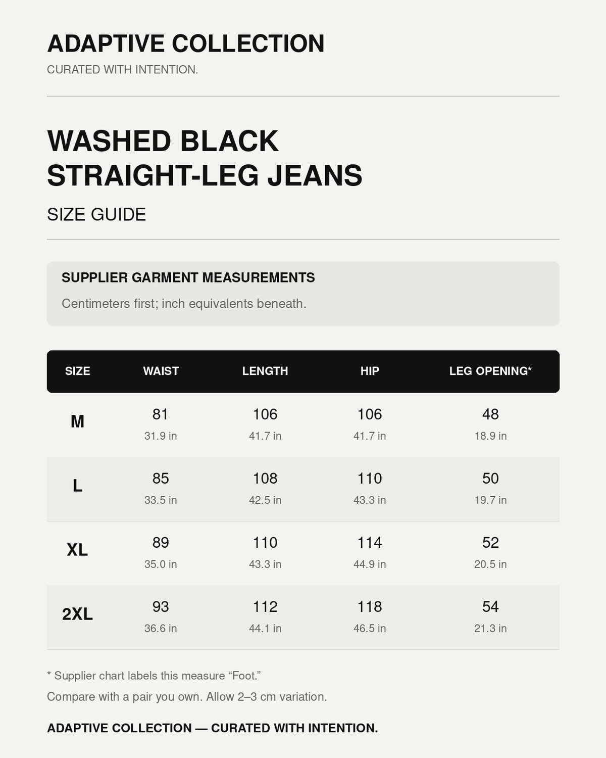 Washed Black Straight-Leg Jeans size guide with supplier garment measurements