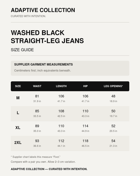 Washed Black Straight-Leg Jeans size guide with supplier garment measurements