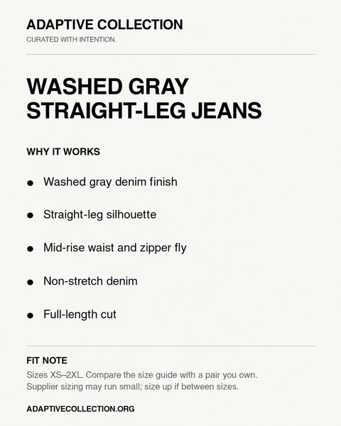 Washed Gray Straight-Leg Jeans — product details and fit card
