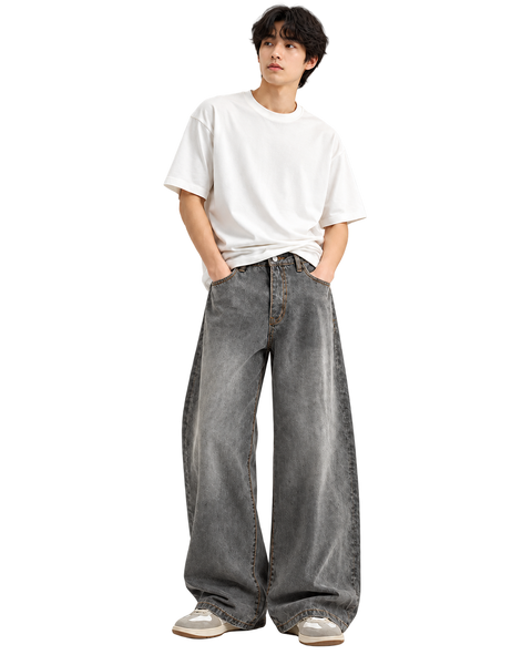 Model wearing Washed Gray Straight-Leg Jeans