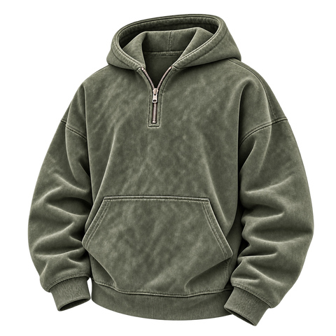 Army Green — three-quarter front — Washed Half-Zip Oversized Hoodie