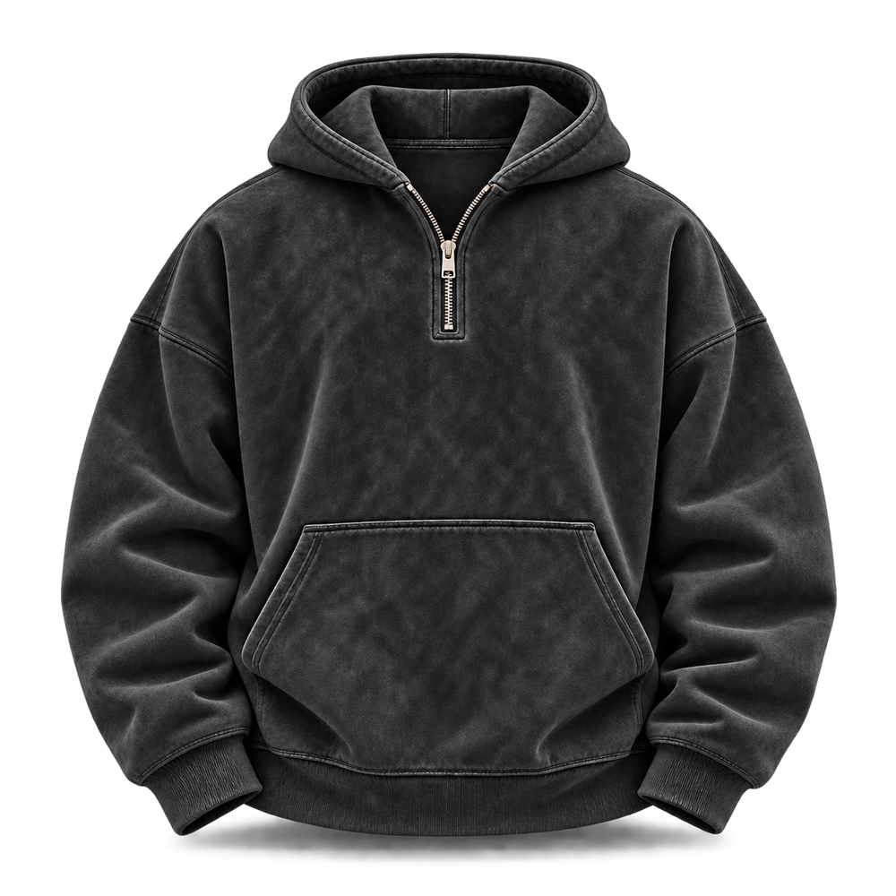 Black — front — Washed Half-Zip Oversized Hoodie
