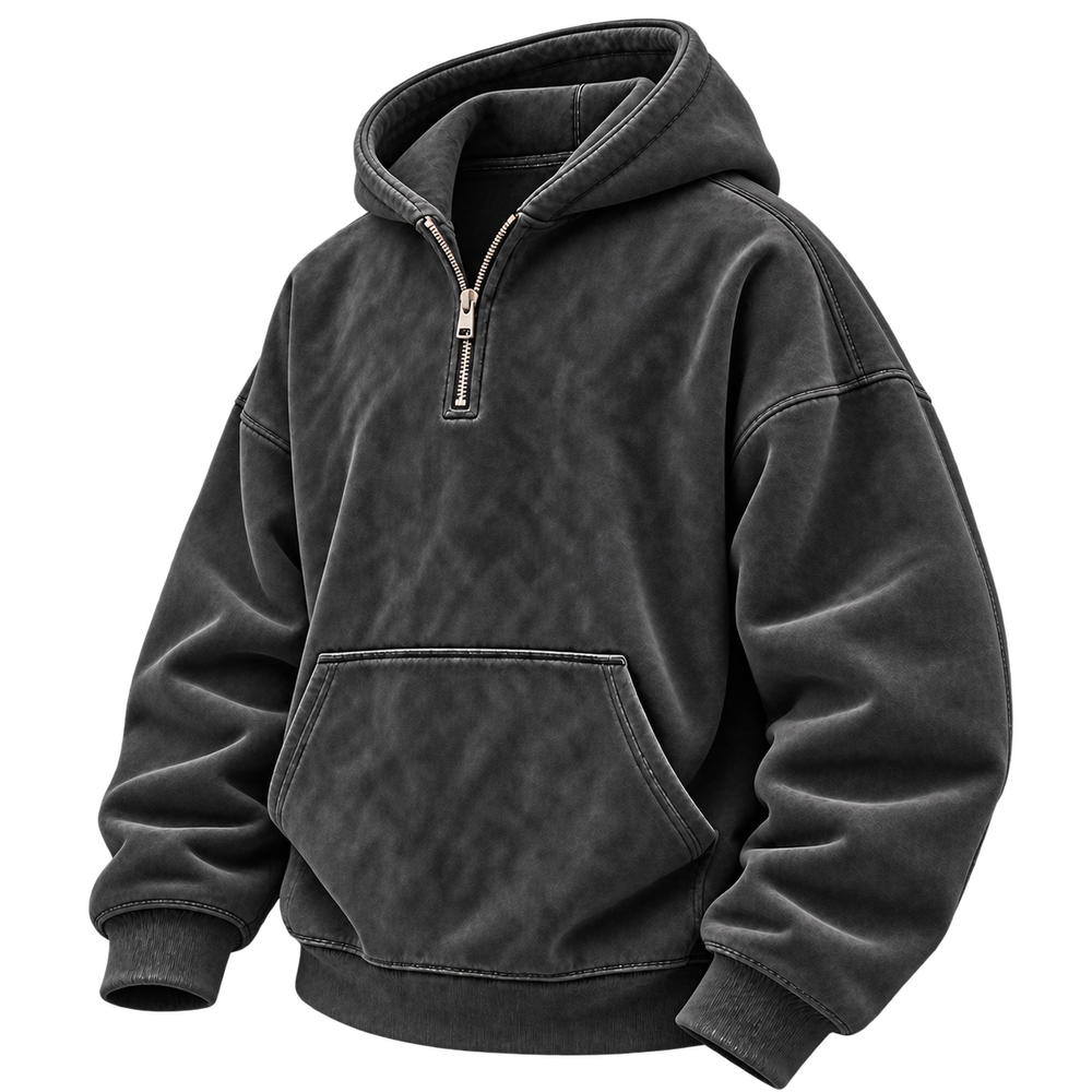 Black — three-quarter front — Washed Half-Zip Oversized Hoodie