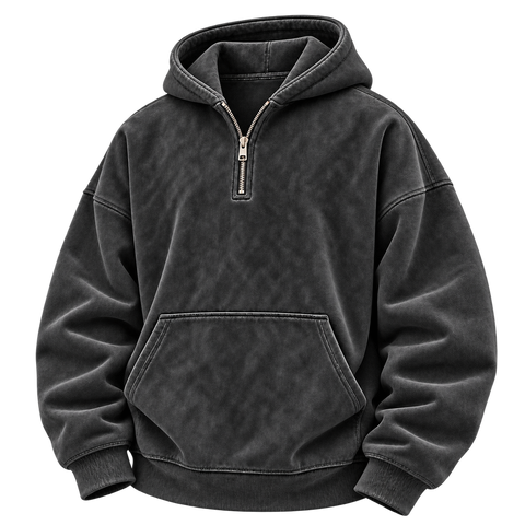 Black — three-quarter front — Washed Half-Zip Oversized Hoodie